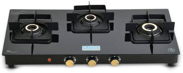 CELLO Black Pearl 3 Burner Toughened Glass Top Gas Stove, Brass Burner