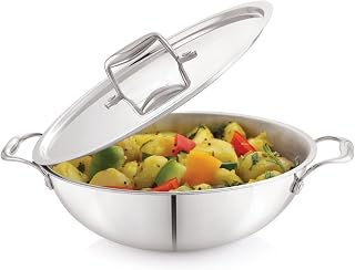 MODWARE Tri Ply Stainless Steel Kadhai with Lid, Heavy Gauge, Non-Stic