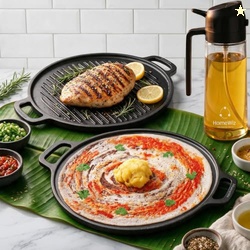 2-in-1 Cast Iron Non Stick Tawa & Grill Pan 30 cm | Free Oil Dispenser