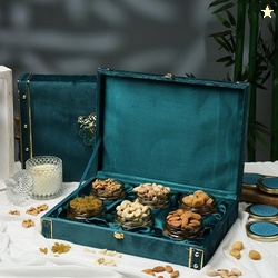 Riwaz Luxury Blue Suede Dryfruits Box Filled with Almonds,Cashew, Rais
