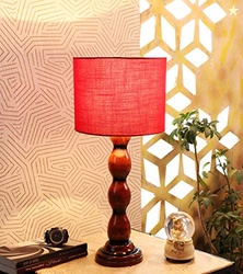 tu casa Red Cotton Shade with Brown Mango Wood Base Table Lamp | Elega
