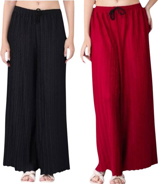 Women Regular Fit Red, Black Polyester Trousers