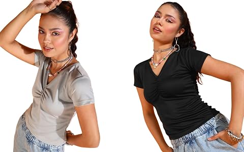 Casual Solid V-Neck Short Sleeves Summer Wear Tops Combo for Women