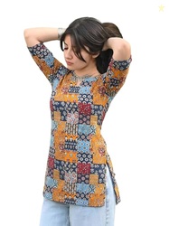Pinkmint Women Printed Short Kurti Cotton Blend Tunic Top, Notch Neck