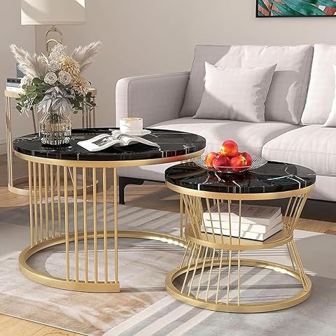 Furniture Caf Luxury Black Marble Nesting Coffee Table Set  Round Livi