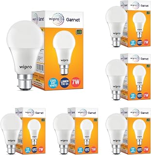 wipro 7W B22 LED Cool Day Light Bulb, Pack of 6, (Garnet)