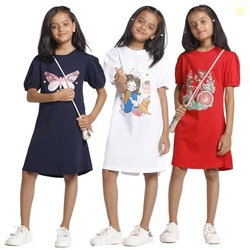 T2F Girls Cotton Printed Regular Fit Puffed Sleeve Knee Length Nightgo