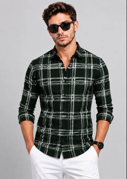 Men Slim Fit Checkered Spread Collar Formal Shirt
