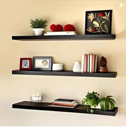 Modern Floating Wall Shelves Set of 3  Black Wooden Display Shelves fo