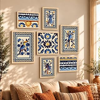 PAINTINGMANTRA Set of 7 Indian Wall Art Prints of Blue Birds with Flow