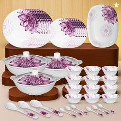 Sigri-wala Pack of 40 Melamin Dinner Set White, Purple