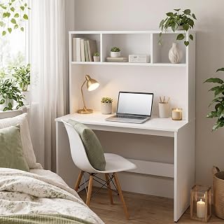 Aura Study Table with 3-Cubby Bookshelf Hutch - Modern Wooden Computer