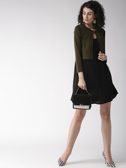 Style Quotient Olive Green Solid Crop Button Shrug(S)by Myntra