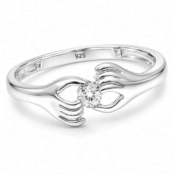 KYAT 925 Sterling Silver Hugging Hands Ring for Women | Round CZ Stone