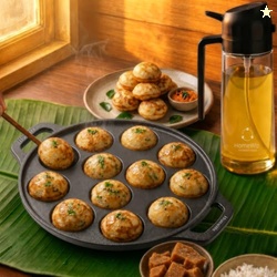 HomeWiz Cast Iron Appe Pan 12 Cavity 26 cm | Free Oil Dispenser 500ml