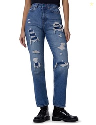 Spykar Women Mid Blue Cotton Straight Fit Regular Length Highly Distre