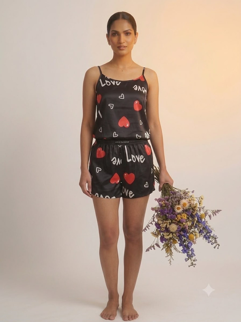 tfv Women Night Suit Set Black Printed