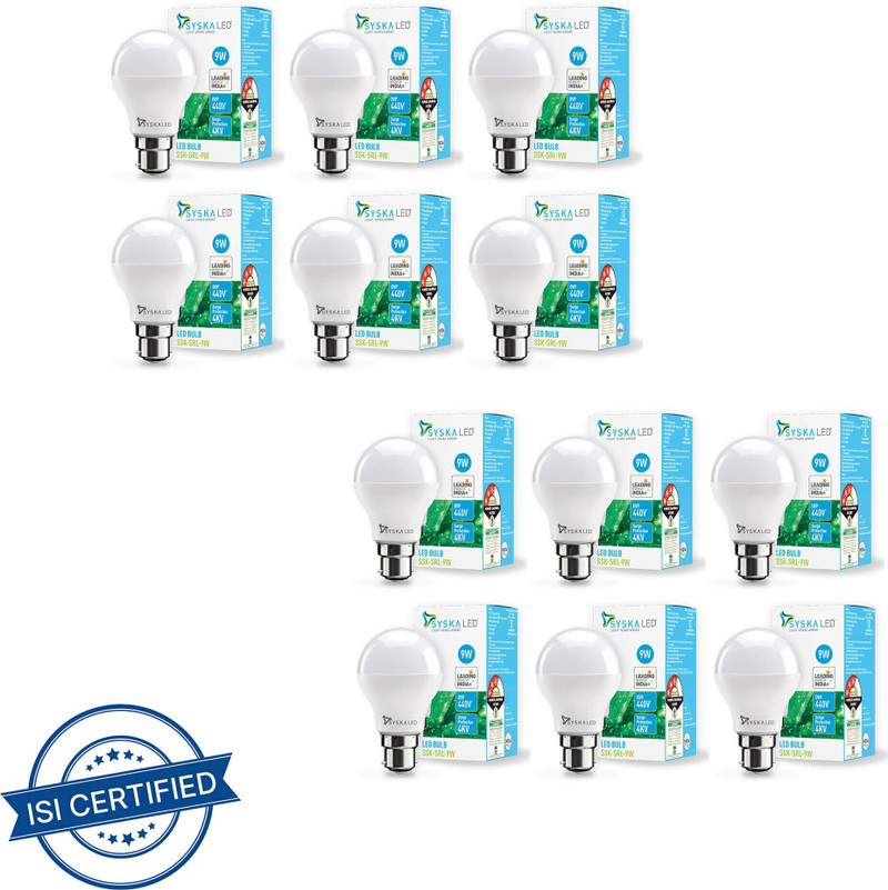 Syska 9 W Basic Standard B22 LED Bulb (White, Pack of 12)