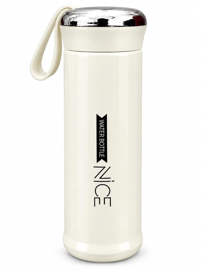 NICE Water Bottle with Glass Inner, 400 ml, Cream Insulated Flask, Scr