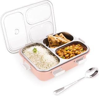 ATTRO Bento 3 Compartment Stainless Steel Lunch Box with Steel Cutlery