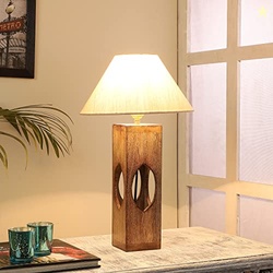 tu casa Handcrafted Mango Wood Table Lamp with Off-White Cotton Shade
