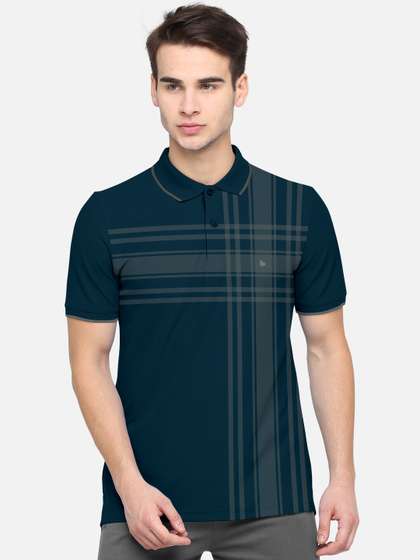 BULLMER Men Navy Blue Striped Polo Collar Bio Finish T-shirt