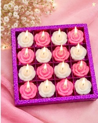 Small Flower Shaped Tealight Candles Set of 16, Pink & White Rose Desi