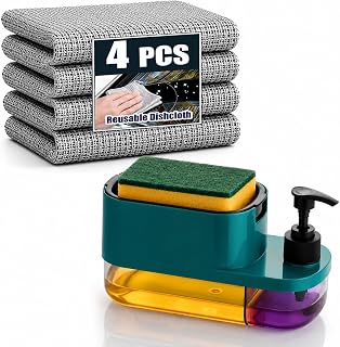 3-in-1 Kitchen Sink Soap Pump Dispenser with Sponge Holder & Dual Liqu