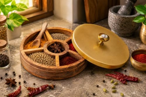 PIK BIOLOGISCH Wooden Masala Box for Kitchen | Masala Box with 5 Compa