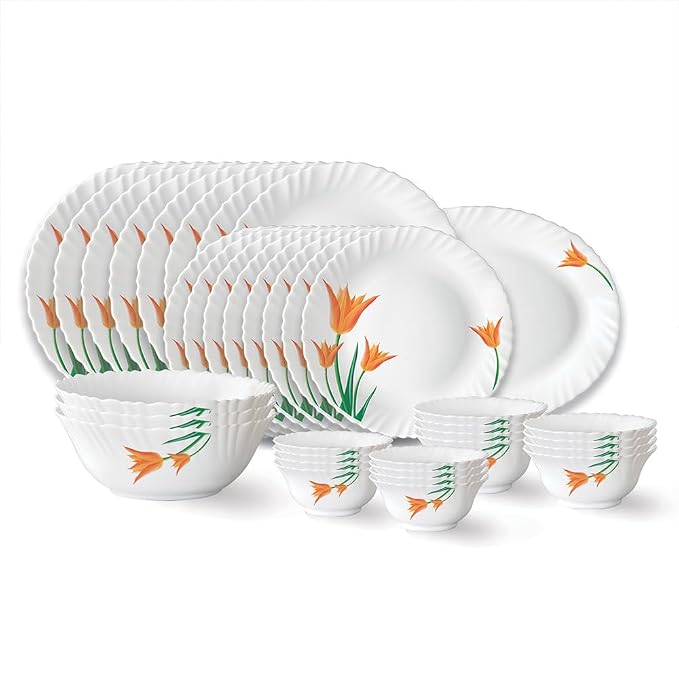 Larah by Borosil Firefly Fluted Series Opalware Dinner Set | 36 Pieces