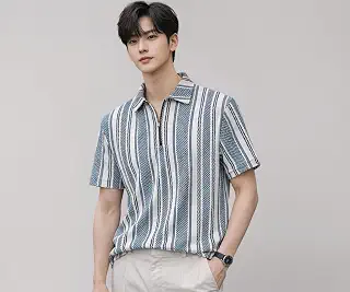 Mens Loose Fit Half Sleeve Vertical Striped Polo T-Shirt with Zip Coll