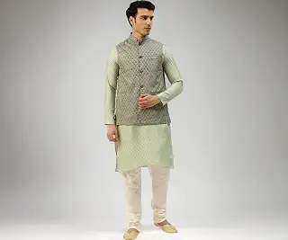 Men Silk Blend Floral (Since 1958 Pista Kurta & Nehrujacket With Offwh