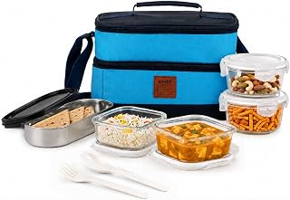CELLO All Day Meal Glass Lunch Box for Office Use Sky Blue | 2 x 320ml