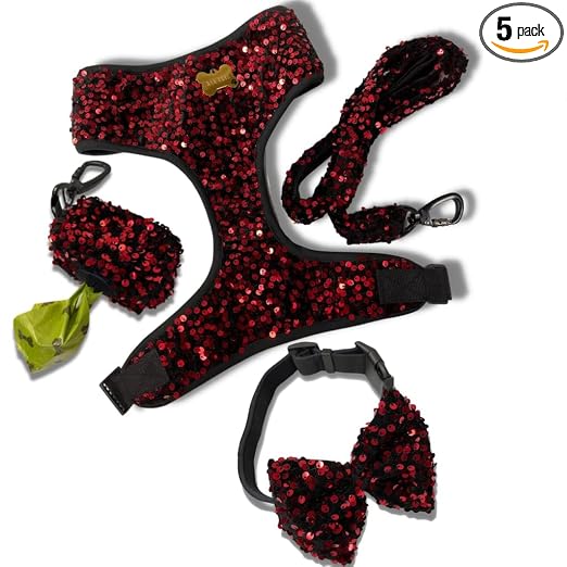 A+a Pets' Sequins Set of 5- Harness, Leash, Collar, Bow & Poo Bag Pouc
