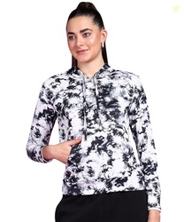 Women Casual Azure Blue Floral Print Hooded Pocket Sweatshirt | Printe