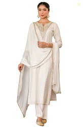 Women's Off White Chanderi Silk Gold Zari Yoke Embroidered Straight Ku