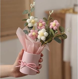 Pink Knitted Yarn Artificial Botanical Flower Pot Table Decor Arrangem