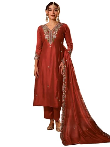 Naixa Women's Vichitra Silk Embroidered Flared Kurta with Pant and Dup