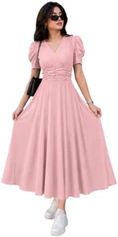 Preneum Girl's & Women's Solid Color V-Neck A-Line Maxi Dress for Wome