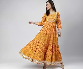 Janasya Women's Mustard Cotton Floral Print Flared Kurta