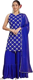 Women's Royal Blue Georgette Zari Embroidered Straight Kurta with Shar