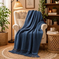 Amazon Basics Waffle Throw Blanket | Knit & Chevron Pattern with Fring