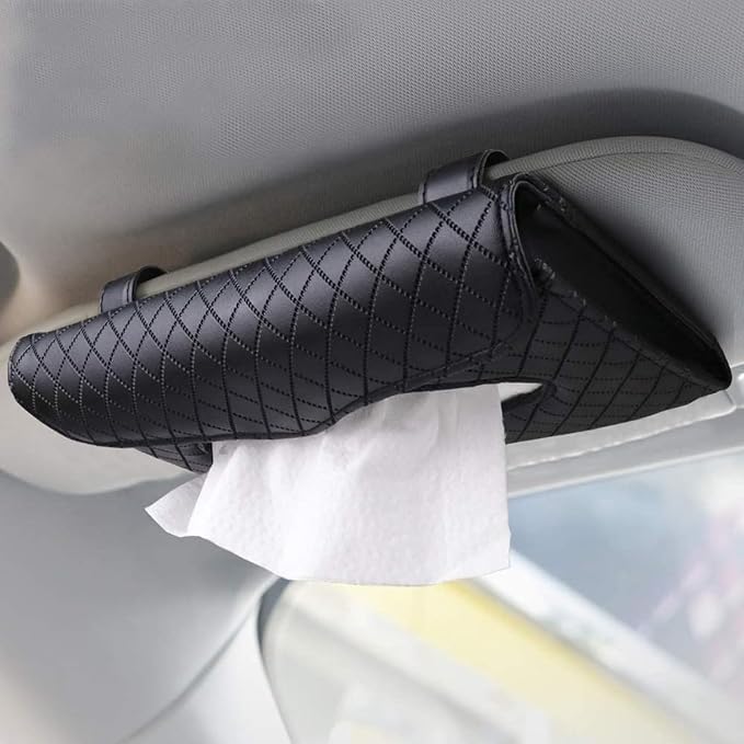 Car Tissue Holder Visor Mount PU Leather Organizer Case Black 9.4x5.1