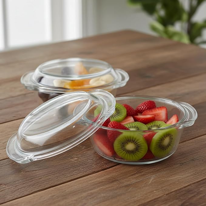 Amazon Basics Borosilicate Glass Casserole with Lid Set of 2, 700ml &