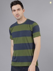 HIGHLANDER Men Olive Green Striped Round Neck T-shirt