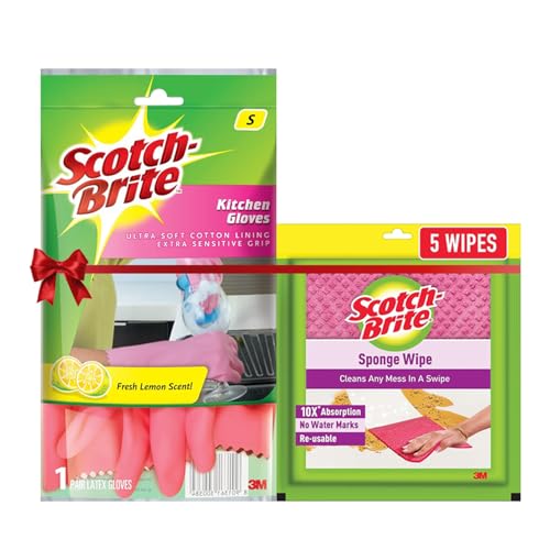Scotch-Brite Combo Rubber Kitchen Gloves (Small) + Scotch-Brite Sponge