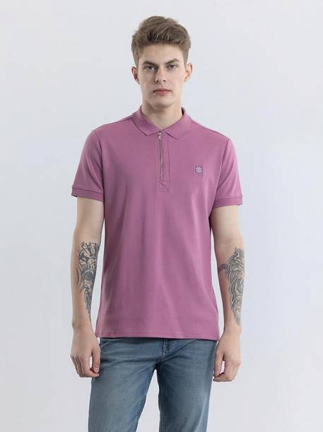 Men Solid Polo Neck Pure Cotton Pink T-Shirt