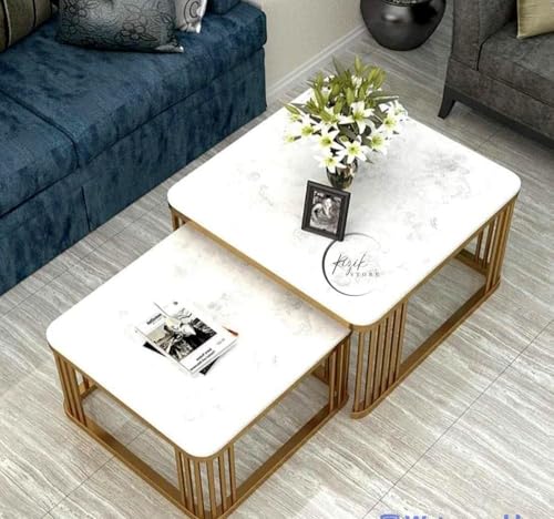 Furniture Cafe Square Nesting Coffee Table Set of 2 with White Marble
