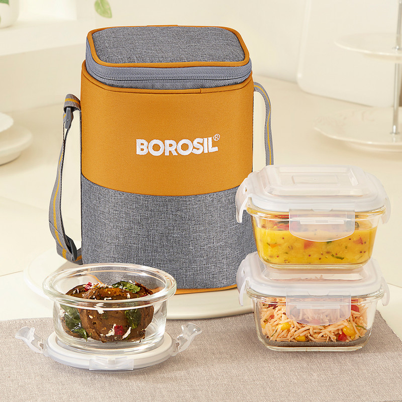 BOROSIL Zest Borosilicate Glass Lunchbox, 3pc Set (320ml x 2 + 240ml x