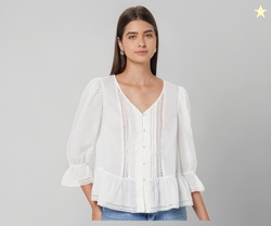 Marks & Spencer Pure Cotton Lace Frill Detail Blouse Ivory